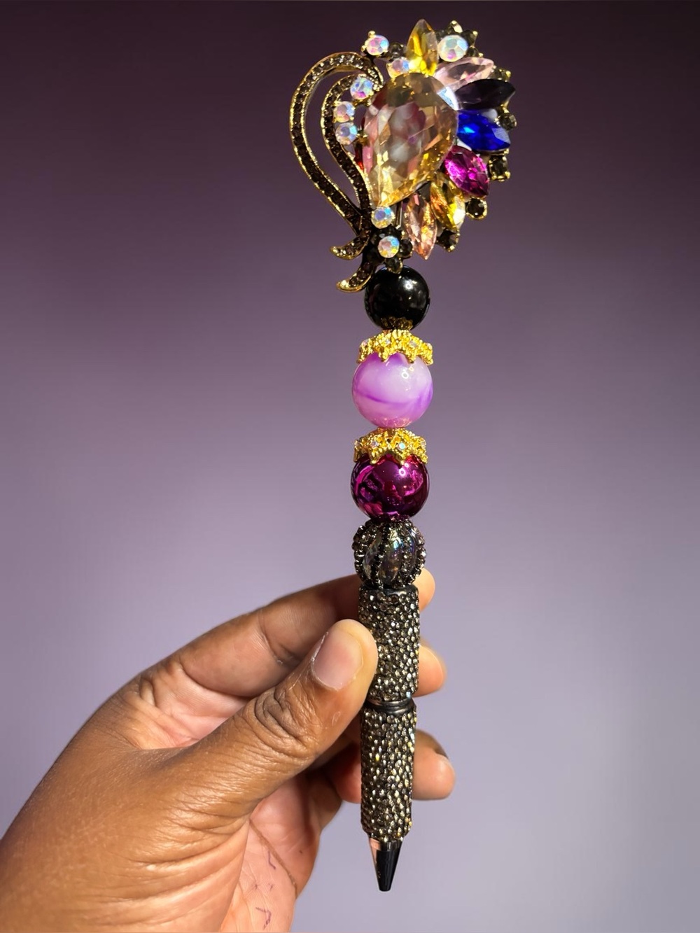 Handmade Embellished Jeweled  Heart Pen in Purple, Gold & Black